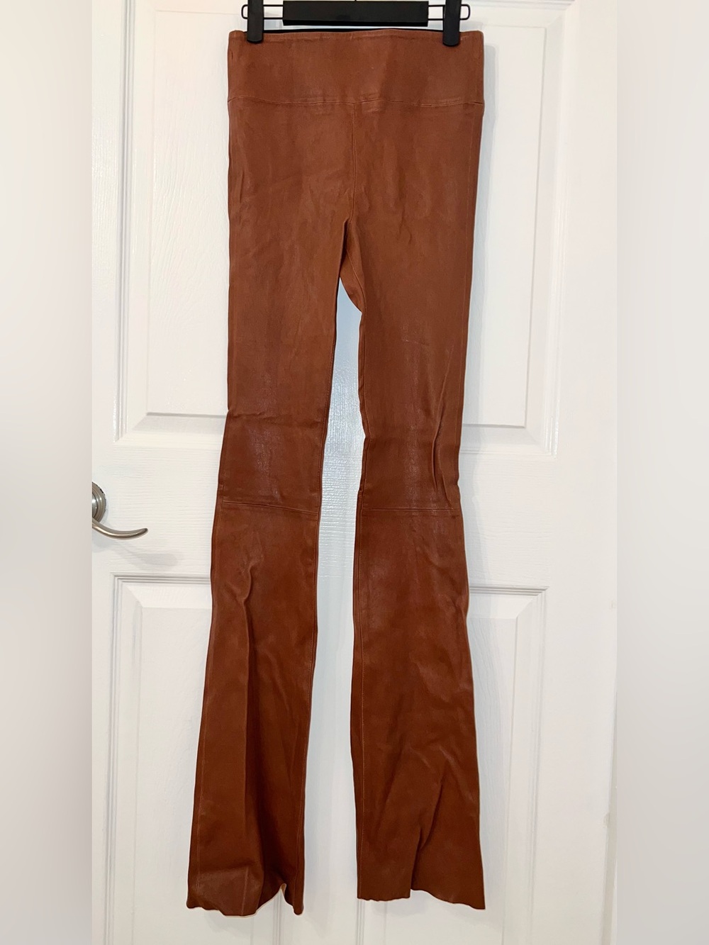 SPRWMN Women’s Brown Camel Leather Micro Flare Pants Size XS